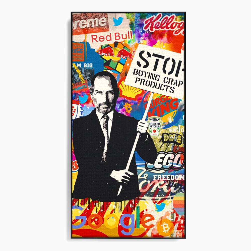 Tablou canvas cu tablou canvas cu portretul lui steve jobs, in rama de aluminiu negru
